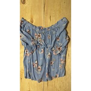 F&F Blue Striped Floral Off Shoulder Bardot Top Women US 12